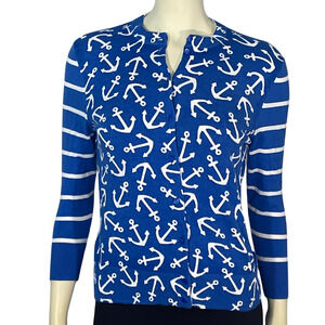 3/$20 Crown  Ivy Sz S Cotton Knit Cardigan Nautical Anchor & Stripe Print Blue